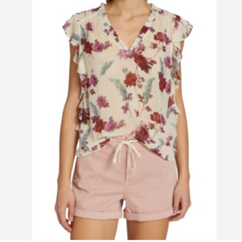 Paige Romantic sleeveless Ruffle Floral Top  100% Silk Style  Genie in size XXS